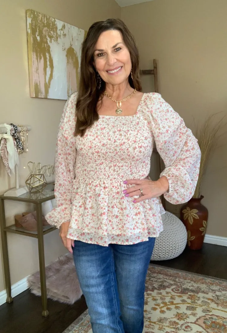 Ditsy Floral Long Sleeve Blouse in Rose