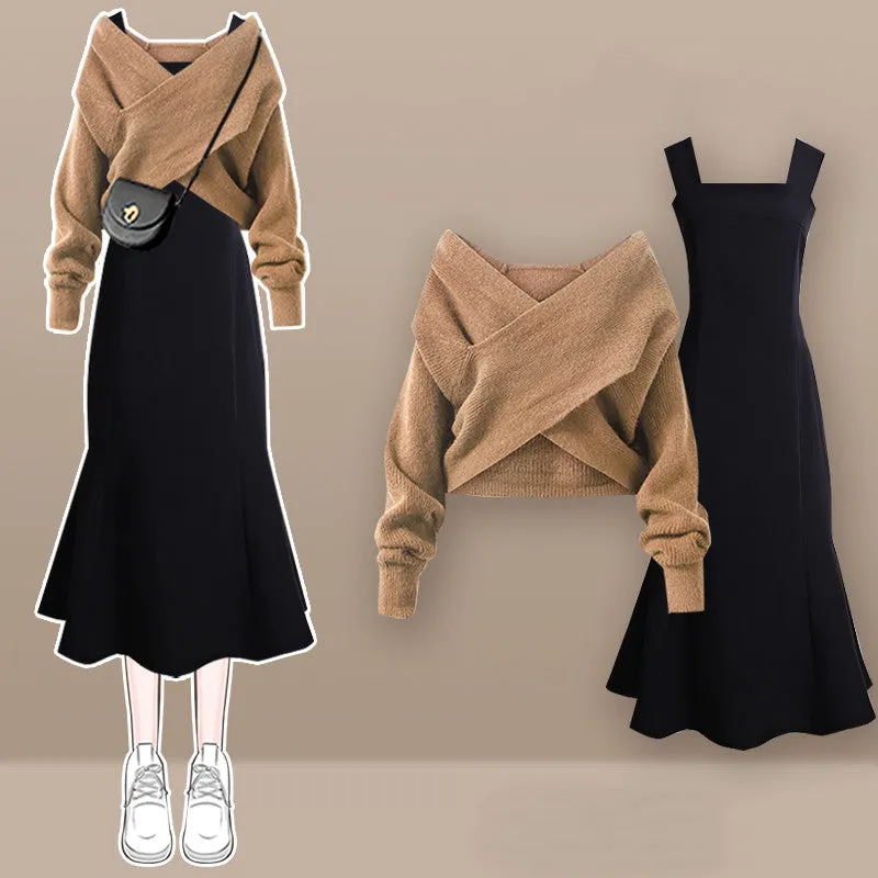 Knitted sweater   suspender dress 2-piece set  UB98567