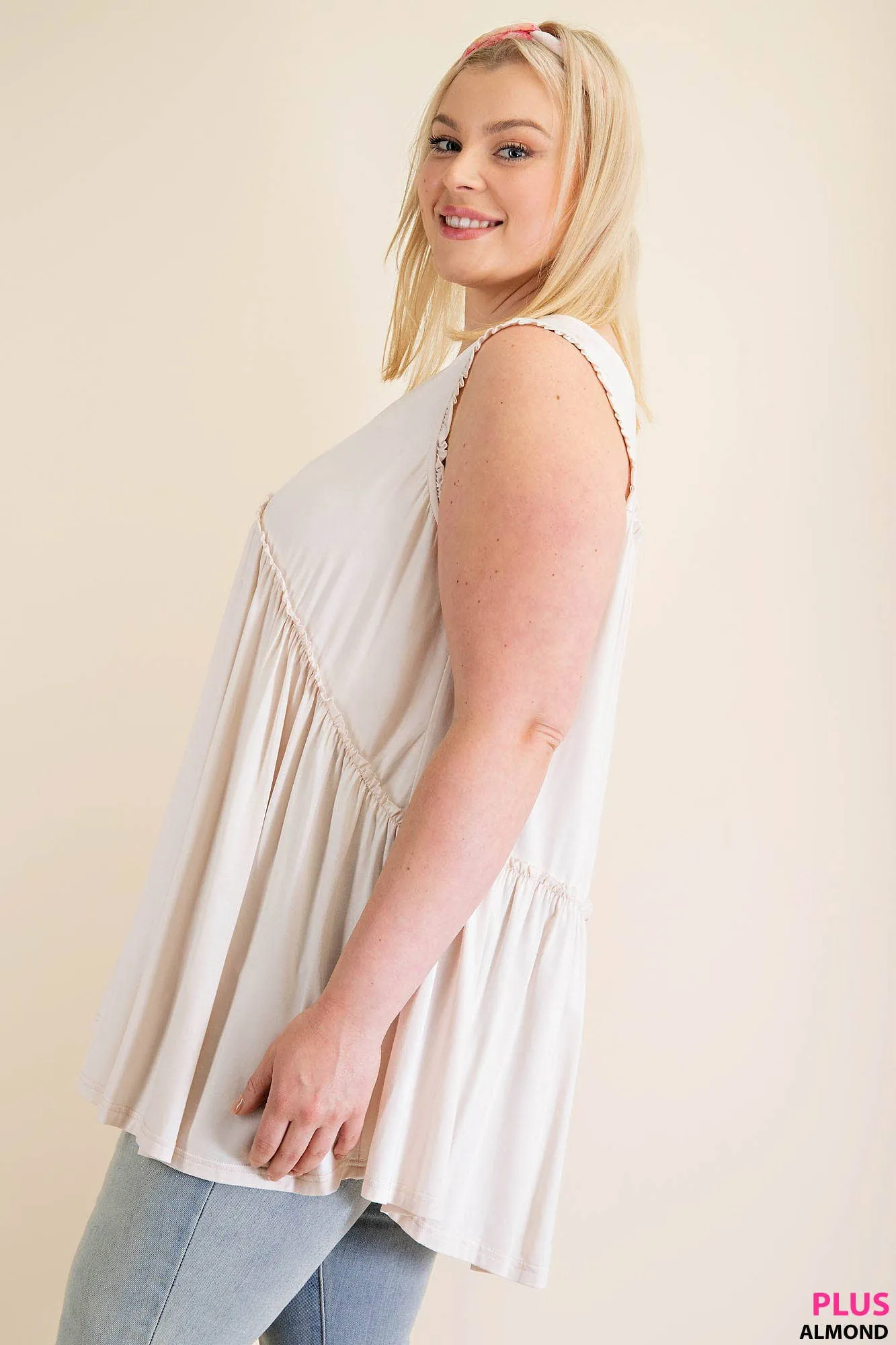 Raw Edged Ruffle Detail Top: Almond