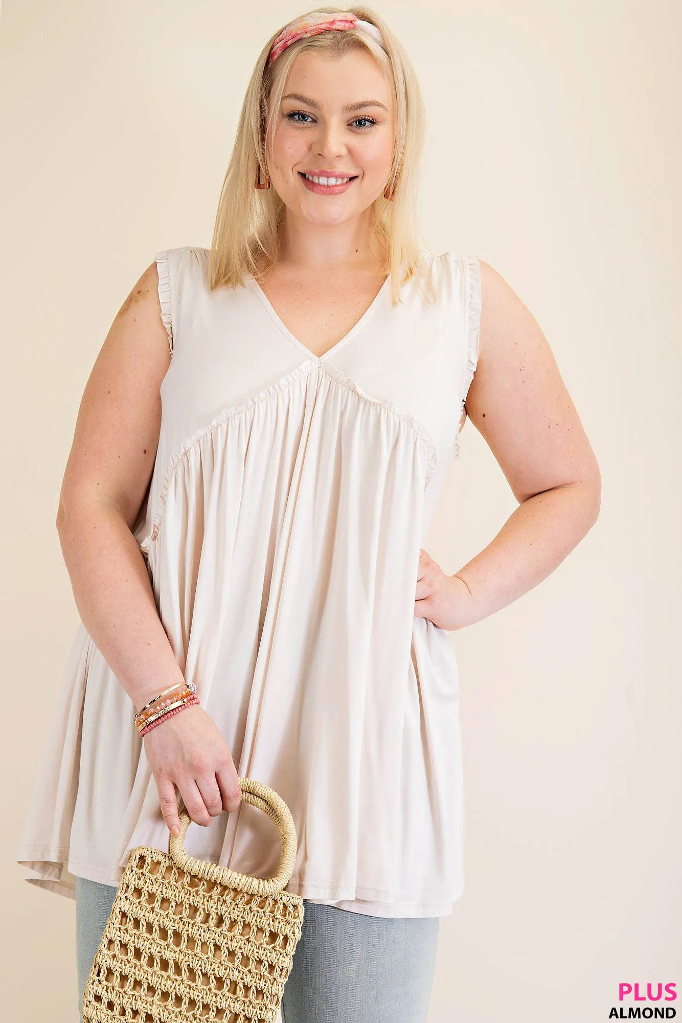 Raw Edged Ruffle Detail Top: Almond