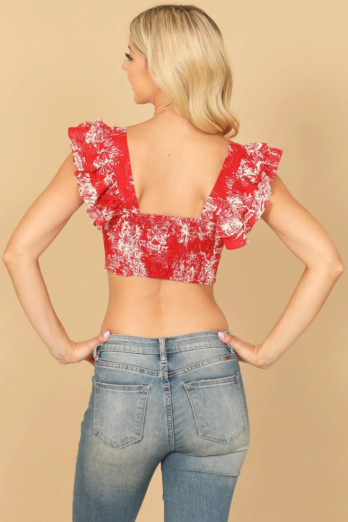 RUFFLE SLEEVE BUTTON DETAIL PRINTED CROP TOP