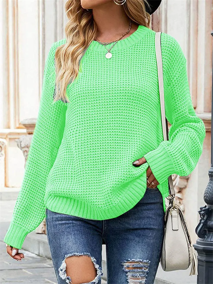 Womens Winter Round Neck Long Sleeve Waffle Knit Cozy Sweaters
